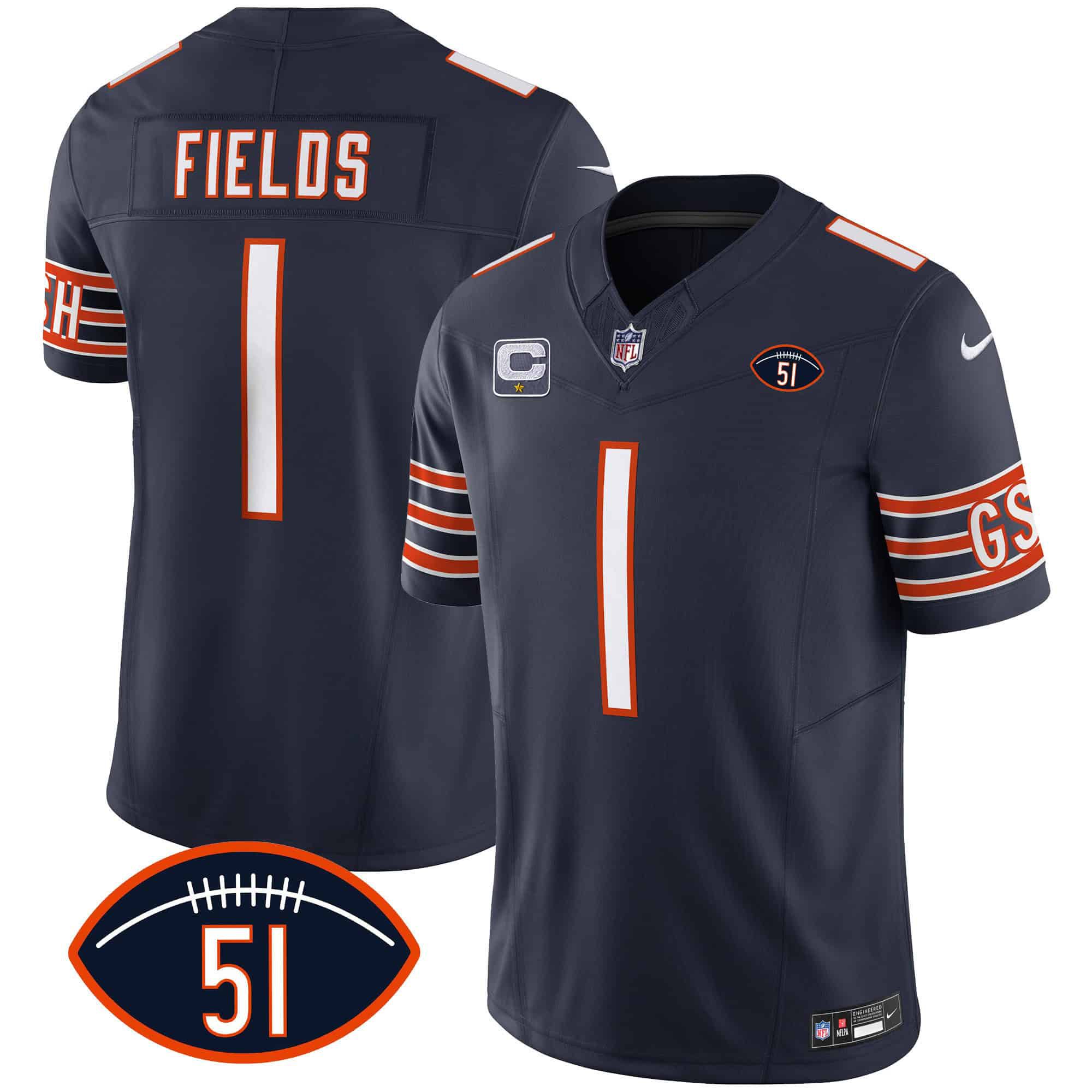 Men Chicago Bears #1 Fields Blue 2024 Nike Patch GSH Vapor NFL Jersey style 1
